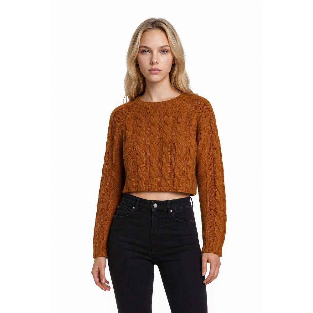 POL Anthropologie Cable Knit Sweater Women's Size Medium Rust Crop Raglan Sleeve